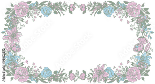Floral Wreath with Pink Blue Flowers.
