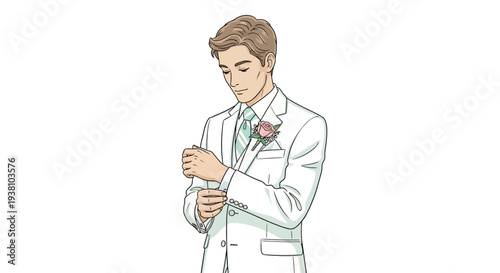 Man Adjusting Cufflinks in White Suit.