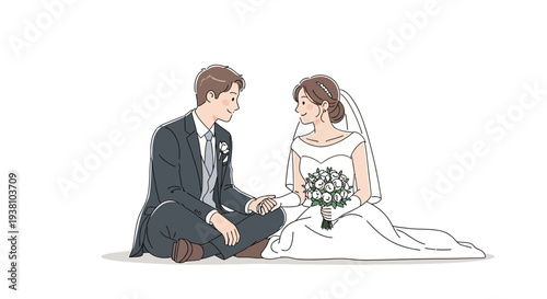 Bride and Groom Sitting Together Holding Hands.