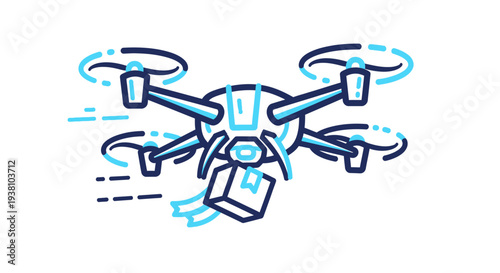 Drone with package delivery in motion illustration.