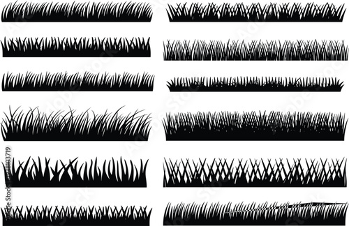 Silhouettes of grass patches in diverse shapes and textures, showcasing natural variations in density and height, ideal for landscape design, illustration, and animation projects.