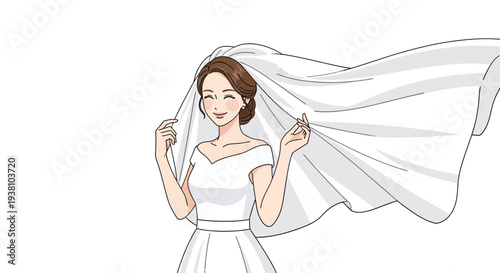 Bride holding wedding veil in white dress.