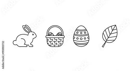 Simple line art vector graphic illustration set featuring an Easter bunny basket egg and leaf icon