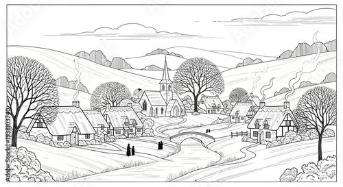 Black and white illustration of a quaint village with church and houses