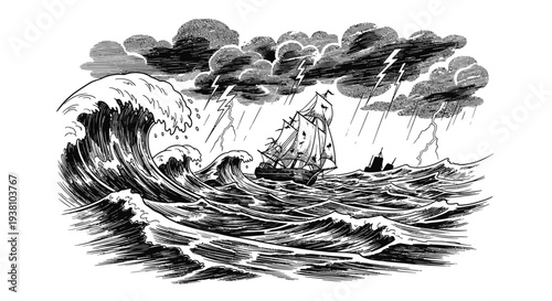 Stormy seas illustration ship navigating waves under thunderous sky
