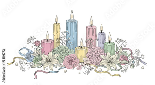 Colorful Candles with Floral Decorations and Ribbons.