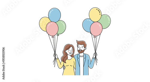 Cartoon Couple Holding Colorful Balloons Together.