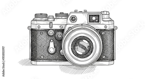 Vintage camera illustration with detailed lens and body design against white backdrop