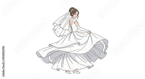 Bride in Flowing Wedding Dress Illustration.