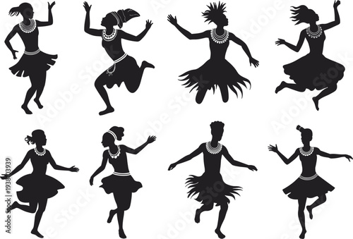 Silhouettes of traditional dancers in expressive cultural poses wearing tribal attire, jewelry, and headpieces, celebrating heritage, rhythm, and vibrant ethnic dance art illustration design.