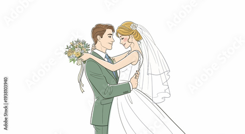 Bride and Groom Embracing with Bouquet.
