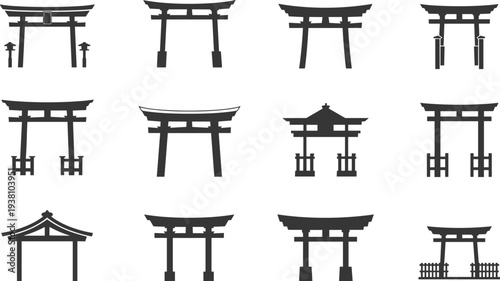 Silhouettes of traditional Japanese torii gates in diverse architectural styles, cultural heritage icons illustration for Shinto shrines, religion, history, and sacred design themes.