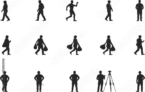 Silhouettes of workers in diverse poses including walking, standing, carrying bags, and surveying with tools, human activity icons illustration for labor, design, and ergonomics.