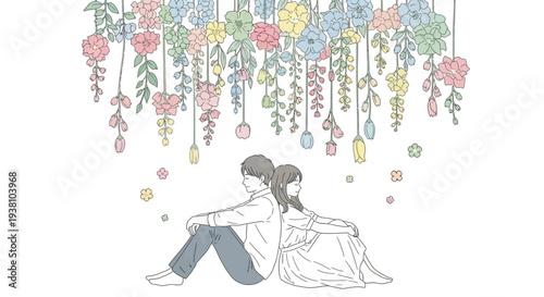Couple Sitting Together Under Floral Decor.