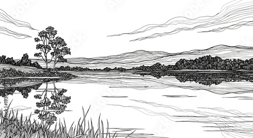 Ink drawing of a serene landscape with lake trees and reflecting clouds