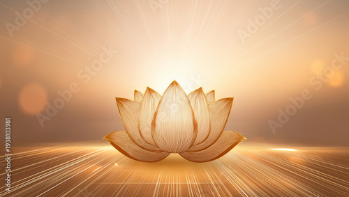 Minimalist Vesak background with lotus flower and golden light rays in pastel tones Generative AI