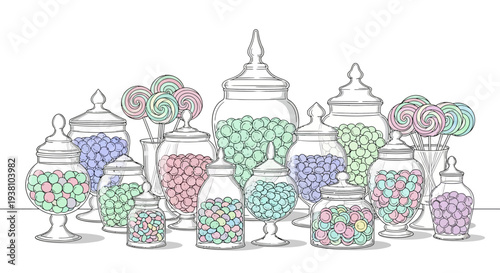 Colorful Candy Jars with Lids and Sweets.