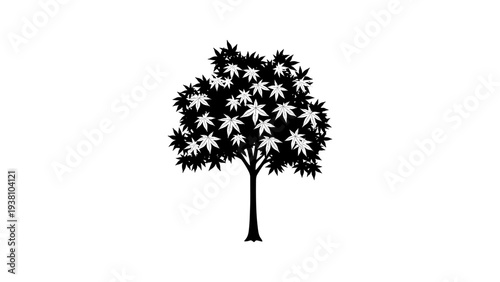 Simple silhouette of a tree with unique leaf patterns on a white background