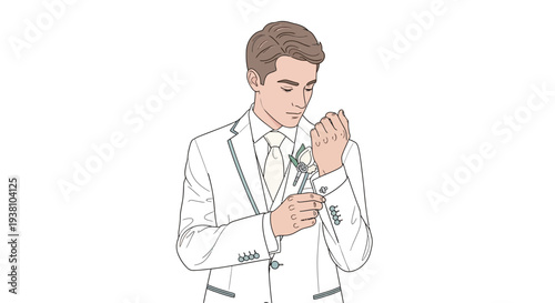 Man Adjusting White Suit Cufflinks Illustration.