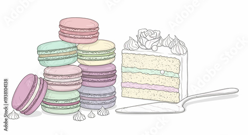 Colorful Macarons and Layered Cake Illustration.