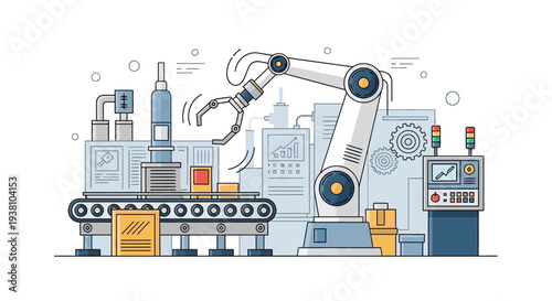 Industrial robotic arm in a modern factory setting.