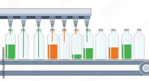 Bottling process illustration with colored liquid filling.