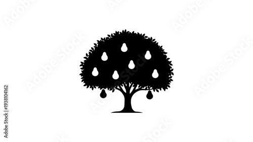Silhouette pear tree with fruit icons on white background