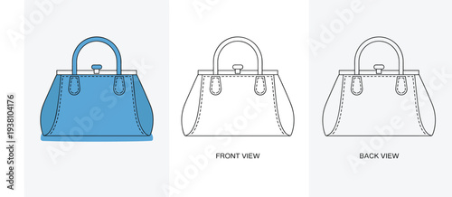 Stylized handbag illustration with colored perspective and technical front and back views, structured fashion accessory design showcasing handles, stitching, and product construction details.