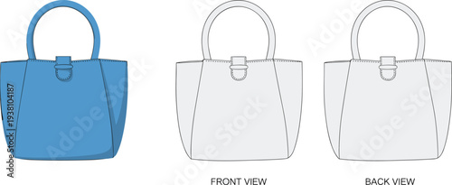 Stylized handbag illustration with colored perspective and technical front and back views, showcasing stitching details, structured design, and fashion accessory product themes.