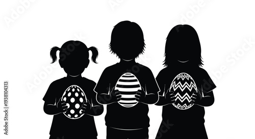 Three children silhouettes proudly displaying their uniquely decorated Easter eggs, celebrating the festive holiday season