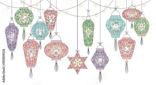 Colorful Hanging Lanterns and Ornaments Decoration.