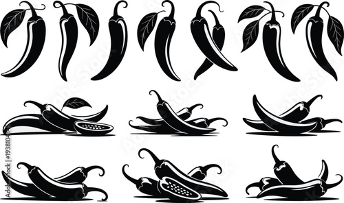 Stylized silhouettes of chili peppers in diverse arrangements, including whole and cross-sectioned fruits with leaves, ideal for culinary design, packaging, and botanical illustration projects.