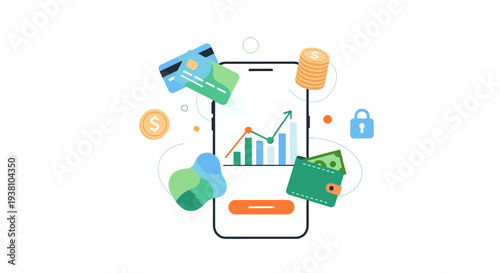 Mobile phone with financial data and payment icons surrounding it.
