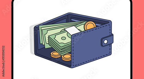 Blue wallet filled with cash and coins.