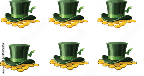 Set of green leprechaun hats on gold coins piles isolated on white background for St Patricks Day luck and wealth