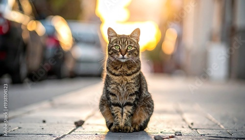 Tabby cat sits serenely on a cobblestone street, basking in golden light, blurred street in background