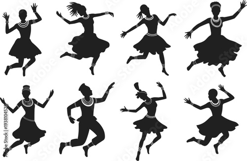 Traditional cultural dancers in dynamic silhouette poses wearing tribal attire, jewelry, and headpieces, performing expressiv