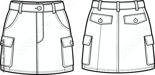 Vector illustration of cargo skirt front and back views with waistband, belt loops, button closure, flap pockets, side pockets, stitching details, and garment construction sketch