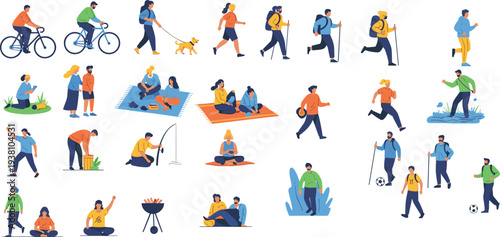 Set of flat vector people characters performing outdoor activities like cycling, hiking, walking dog, fishing, picnicking, jogging, and camping summer recreation.