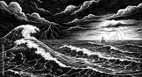 Dramatic monochrome ocean scene with turbulent waves and stormy sky illustration