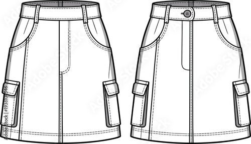 Vector illustration of cargo skirt front and back views with waistband, belt loops, side pockets, flap pockets, button closure, stitching details, and garment construction sketch