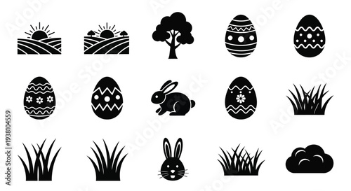 Black silhouette vector graphic icon set representing rural landscapes and springtime easter holiday elements