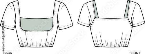 Vector illustration of cropped short-sleeve top with square neckline, pleated hem, scoop back, seam details, fashion garment technical drawing, and apparel design sketch