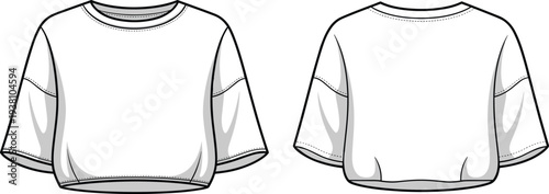 Vector illustration of cropped T-shirt front and back views with round neckline, short wide sleeves, curved hemline, stitching details, fashion garment technical drawing, and apparel sketch