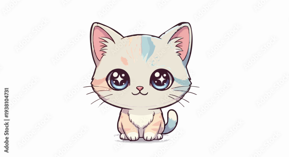 Obraz premium Cute cartoon illustration of a fluffy kitten with big, sparkling eyes and gentle, pastel fur colors, perfect for children's designs and animal lovers