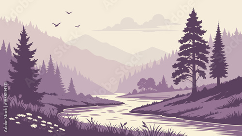 Misty River Valley with Forest and Soft Morning Fog Landscape