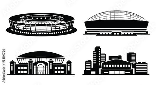 A black and white illustration of various stadium and building designs