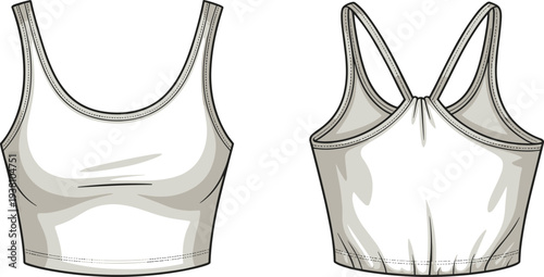 Vector illustration of sleeveless sports bra front and back views with scoop neckline, racerback design, seam details, stitching lines, fashion garment technical drawing, and apparel sketch
