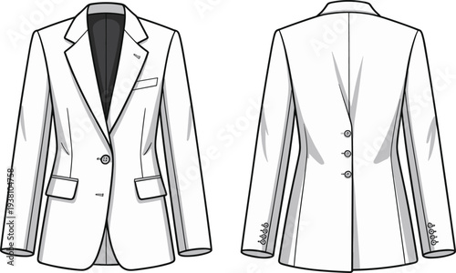 Vector illustration of tailored blazer front and back views with notched lapel, single-button closure, welt chest pocket, flap pockets, sleeve buttons, and garment construction sketch
