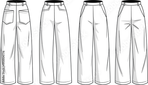 Vector illustration of wide-leg pants front and back views with pleats, waistband, belt loops, zipper fly, drawstring tie, pockets, fashion garment technical drawing, and apparel design sketch